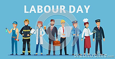 Labour day. Professional workers group, happy professionals of different jobs standing together and Labor Day poster or Vector Illustration