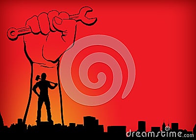 Labour Day world workers day red yellow orange background with hand man in city background building New Era resolution evaluation Stock Photo