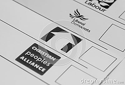 Labour , liberal democrats, christian peoples alliance, young people party on general election ballot paper Editorial Stock Photo