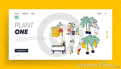 Labour Working on Banana Plantation Landing Page Template. Characters Watering, Fertilizing Palm Trees, Collect Harvest Vector Illustration