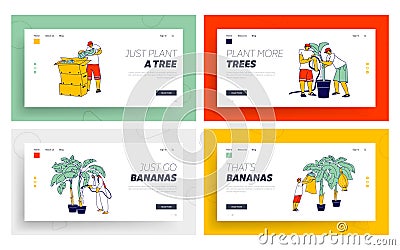 Labour Working on Banana Plantation Landing Page Template Set. Characters Collect Harvest, Sorting and Packing Crop Vector Illustration