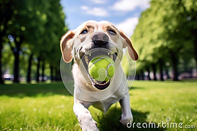 Labrador dog obediently chasing tennis ball Stock Photo