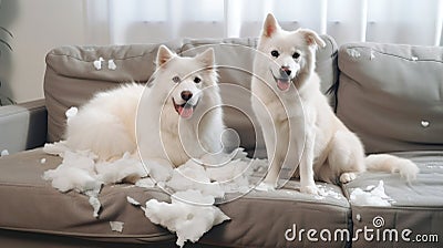 Labrador dogs chewed on the sofa. Stock Photo