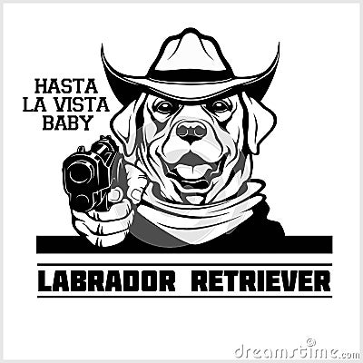 Labrador Retriever dog with gun - Labrador Retriever gangster. Head of Funny Labrador Retriever Vector Illustration