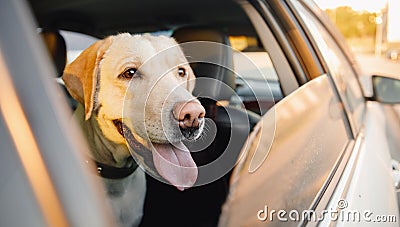 Labrador retriever Dog looks out car window sunset. Concept animal travel road trip Stock Photo