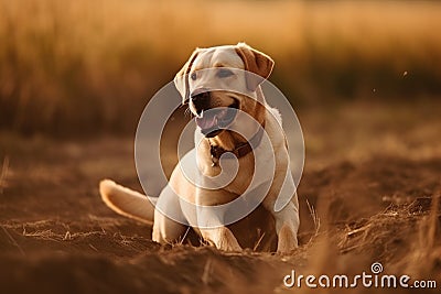 Labrador retriever dog running in the field at sunset. Yellow labrador retriever puppy. Ai generated Stock Photo