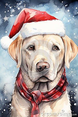 Labrador Retriever dog in christmas santa claus hat watercolor art. Christmas Labrador Retriever dog illustration. Cartoon Illustration