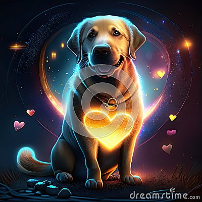 Labrador Retriever hugging heart Golden Labrador Retriever in love with a heart on a dark background generative AI animal ai Stock Photo