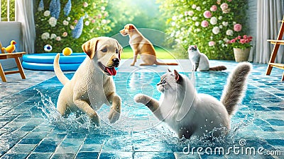 Labrador Retriever and a Siberian Cat splashing in a shallow pool Stock Photo