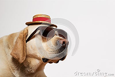 Labrador Retriever wearing sunglasses and hat Stock Photo