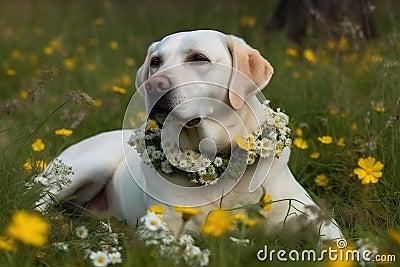 Labrador sitting with a wreath of flowers in field Stock Photo