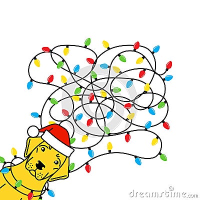 Labrador tangled christmas lights in santa hat Vector Illustration