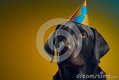 Labrador wearing birthday hat on his head on yellow background. Stock Photo