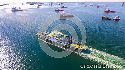 Labuan,Malaysia-Mar 21,2020:Ro Ro ferry passenger sailing to Menumbok,Sabah with background of Labuan island,Malaysia.There is a d Editorial Stock Photo