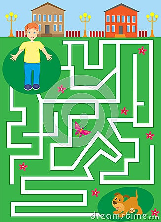 Labyrinth with boy and puppy. pet maze. help the boy find his dog Vector Illustration