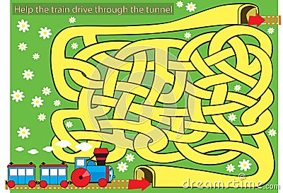 Labyrinth with cartoon locomotive and railroad Vector Illustration