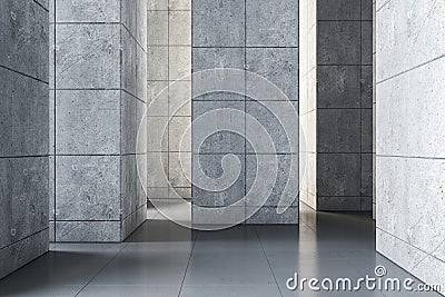 Labyrinth concept with abstract outdoors hall with grey huge concrete pillars on glossy floor. Stock Photo