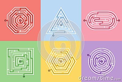 Labyrinth different shapes game and maze fun puzzle set. Maze square, round, hexagon, oval and triangle puzzle rebus Vector Illustration