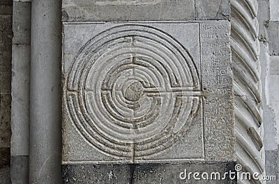 Labyrinth engraved in the marble of a church Stock Photo