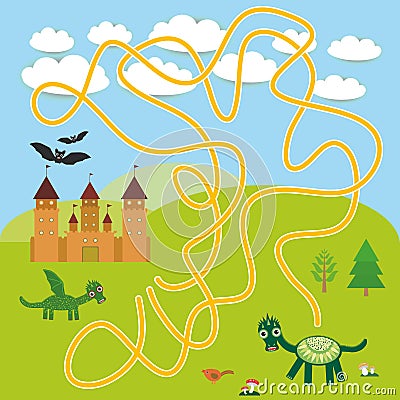 Labyrinth game With Castle, fairytale landscape Vector Illustration