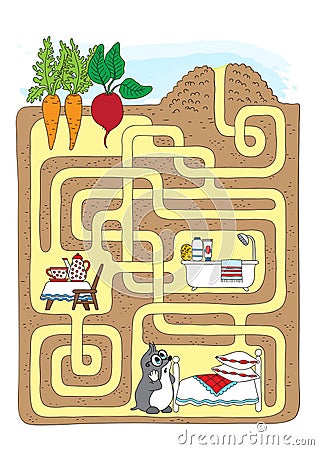 Maze game for kids, find the right path for the mole Vector Illustration