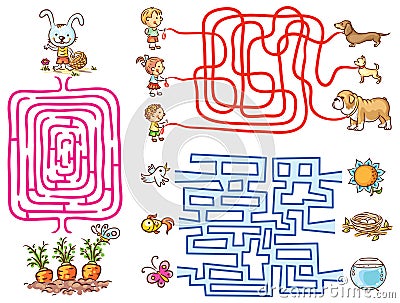 Labyrinth games set for preschoolers: find the way or match elements Vector Illustration