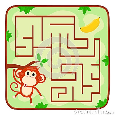 Labyrinth kids game. Help monkey find banana Vector Illustration
