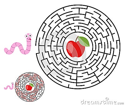 Labyrinth, maze conundrum for kids. Entry and exit. Children puzzle game. Help the worm to crawl to apple Vector Illustration