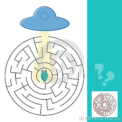 Labyrinth maze game with solution. Help alien to find path to UFO Vector Illustration