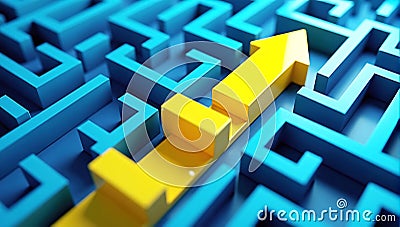 A labyrinth maze with a glowing yellow path on a blue background, maze solution, focus on arrow, depth of field, abstract Stock Photo