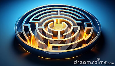 A labyrinth maze with a glowing yellow path on a blue background suggesting a concept of problem solving. 3D Rendering Cartoon Illustration
