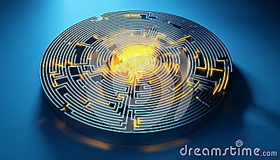 A labyrinth maze with a glowing yellow path on a blue background suggesting a concept of problem solving. 3D Rendering Cartoon Illustration