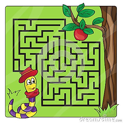 Labyrinth, maze for kids. Entry and exit - Help the worm to crawl to apple Vector Illustration