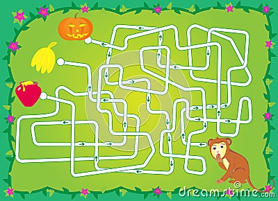 Labyrinth with monkey, bananas, pumpkin, honey. help a monkey to keep banana Vector Illustration