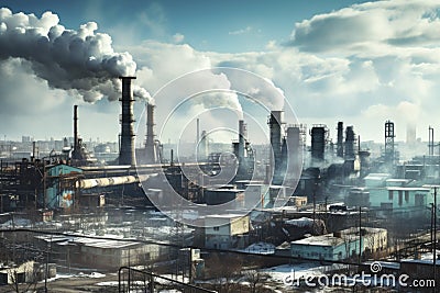 A labyrinth of pipes billows smoke at a sprawling factory, symbolizing industrial might. Stock Photo