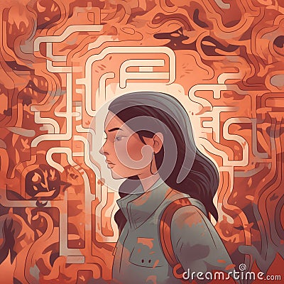 Labyrinth with shapes and sad asian girl, created using generative ai technology Stock Photo