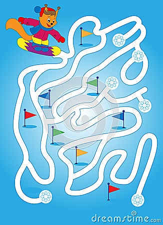 Labyrinth with squirrel and snowboard. find way by all flags Vector Illustration