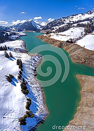 Lac de l`Hongrin is a reservoir in Vaud, Switzerland. The reservoir with a surface area of 1.60 km2 0.62 sq mi is located in the Stock Photo