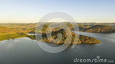 Aerial panorama of Lac du Salagou in the early morning in summer in HÃ©rault in Occitania, France Stock Photo