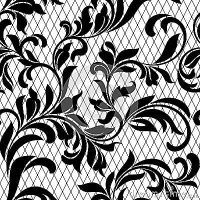 Lace black seamless pattern with flowers on white background Vector Illustration