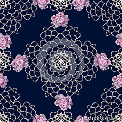 Lace colorful floral seamless pattern with embroidery dog roses. Vector Illustration