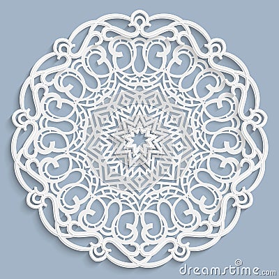 Lace 3D mandala, round symmetrical openwork pattern, lacy doily, decorative snowflake, arabic ornament, indian ornament, embossed Vector Illustration