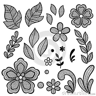 Lace decorative element set of flowers and leaves. Embroidery handmade decoration. Vector Illustration