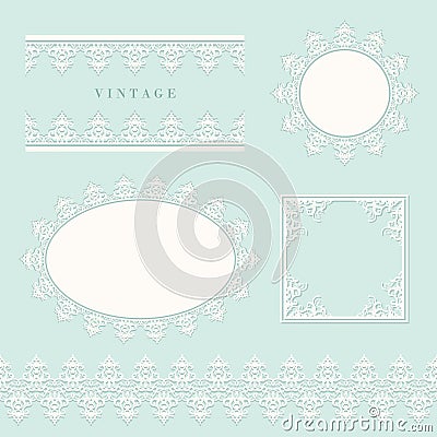 Lace decorative frame and border set on pastel blue. Round and oval lacy doilies. Wedding, birthday, baby shower Vector Illustration