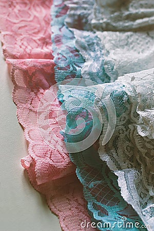 Lace frills on the hem of vintage bridal lingerie Stock Photo