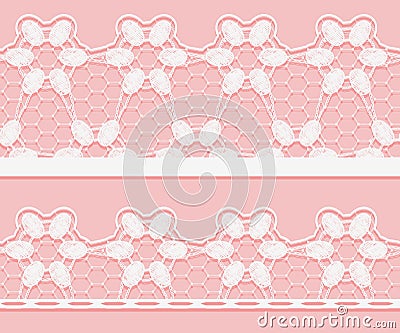 Lace horizontal seamless openwork flowers knitted crochet. White lacy mesh ribbons set on a pink background Vector Illustration