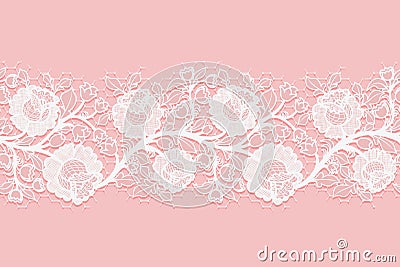 Lace horizontal seamless openwork roses. White lacy mesh on a pink background. Vector Illustration