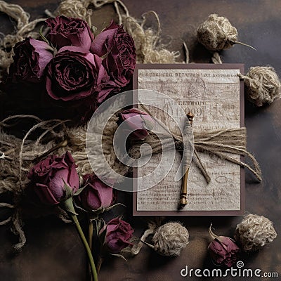 Lace rose and lace invitation,Dried rose bud bundle invitation and,copy space,Generative, AI, Illustration Stock Photo