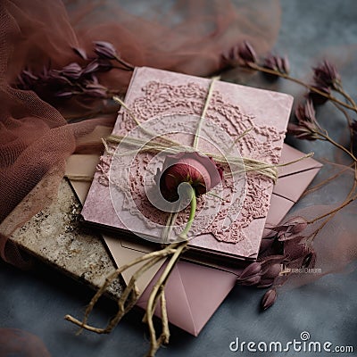 Lace rose and lace invitation,Dried rose bud bundle invitation and,copy space,Generative, AI, Illustration Stock Photo