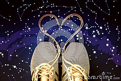 Laced sneaker heart. Constellations, star map. Science astronomy, star map on a blue background, the starry sky. Horoscope Stock Photo